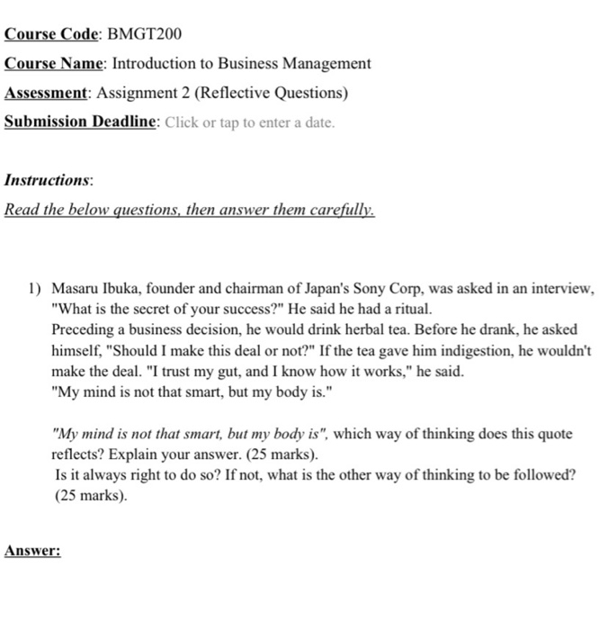 Course Code: BMGT200 Course Name: Introduction to