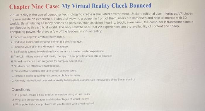 Chapter Nine Case: My Virtual Reality Check