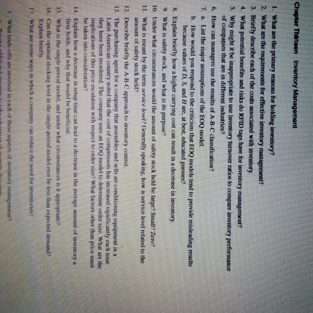 Chapter Thirteon Inventory Management 1. What are