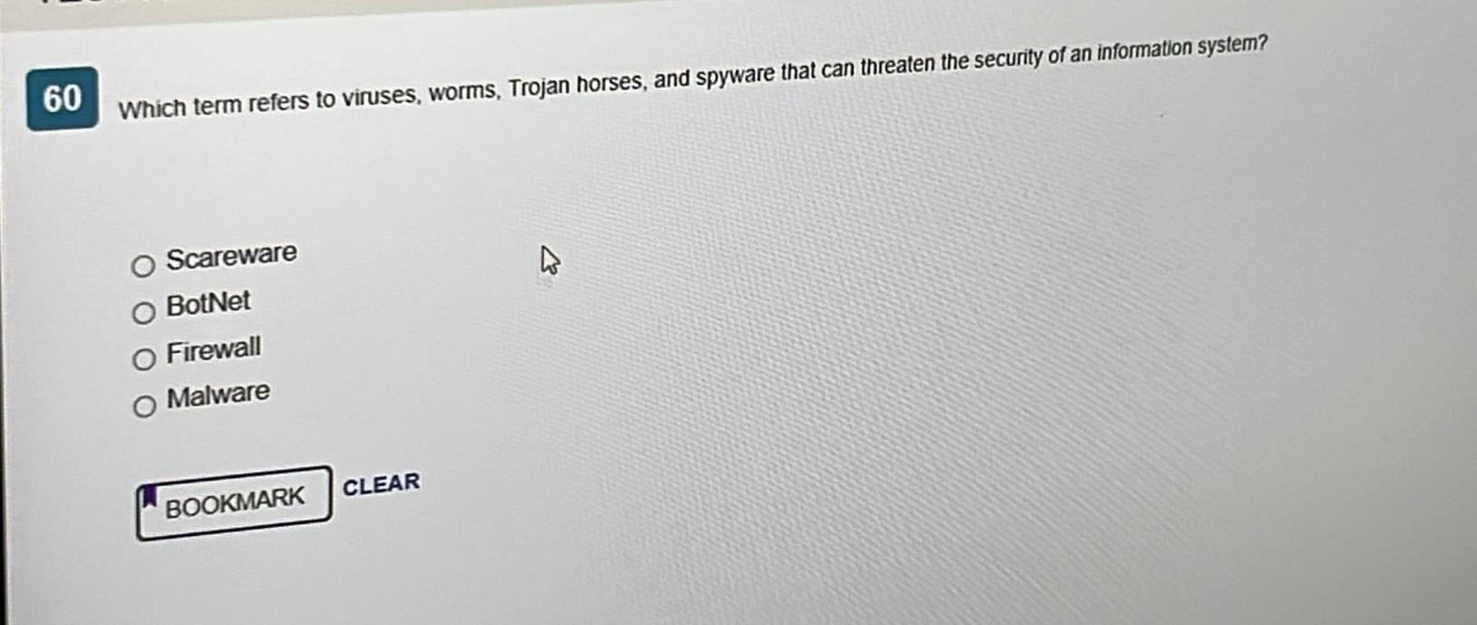 Which term refers to viruses, worms, Trojan