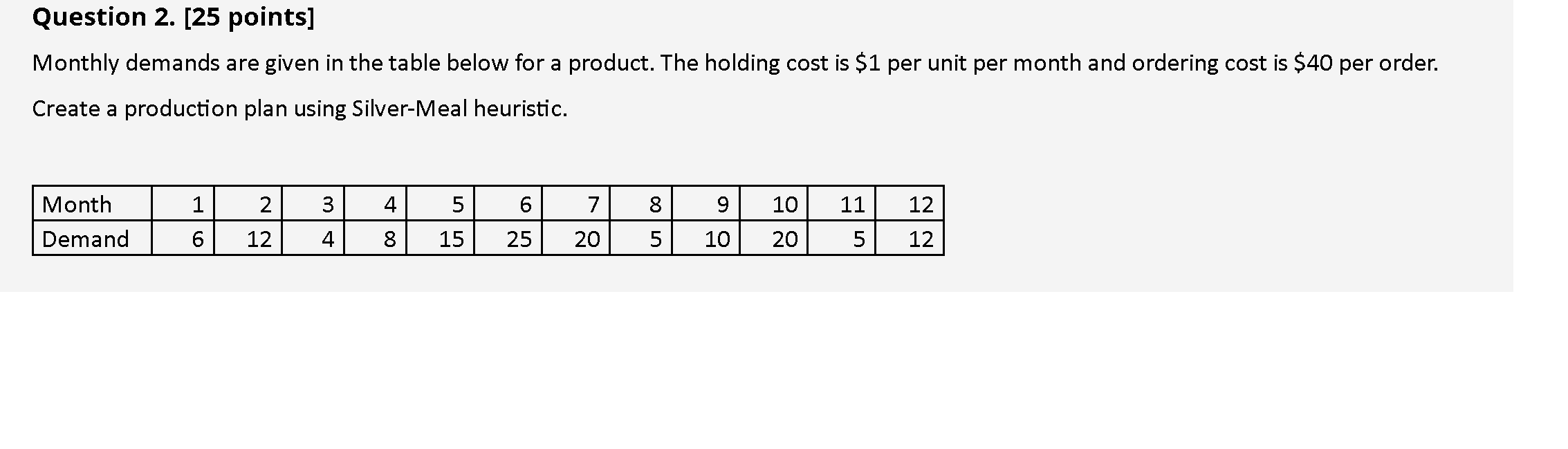 Question 2. [25 points] Monthly demands are given