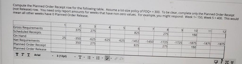 Compute the planned Order Receipt row for the