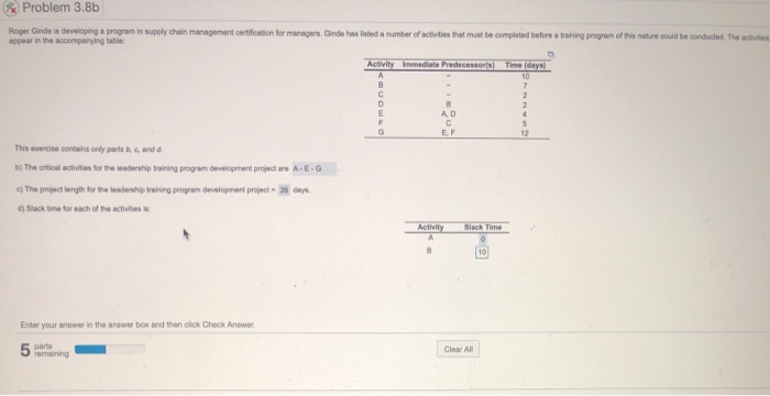 slack timer for each activity (A-G) Problem 3.8b