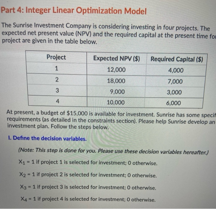 Part 4: Integer Linear Optimization Model The