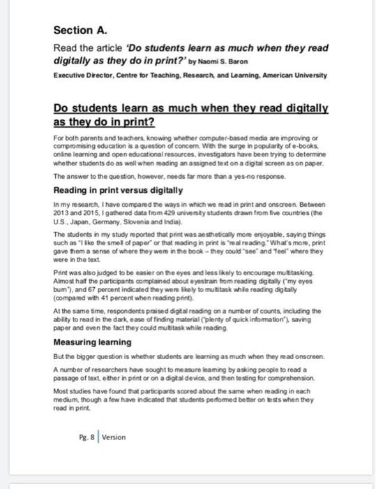 Section A. Read the article 'Do students learn as