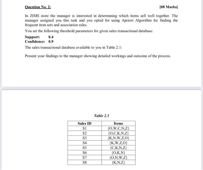 Question No. 2: [08 Marks In ZIMS store the