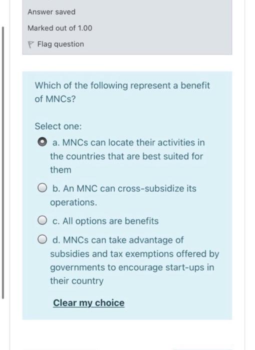Answer saved Marked out of 1.00 P Flag question