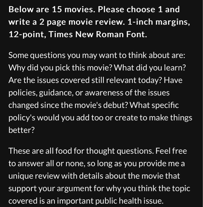 Below are 15 movies. Please choose 1 and write a
