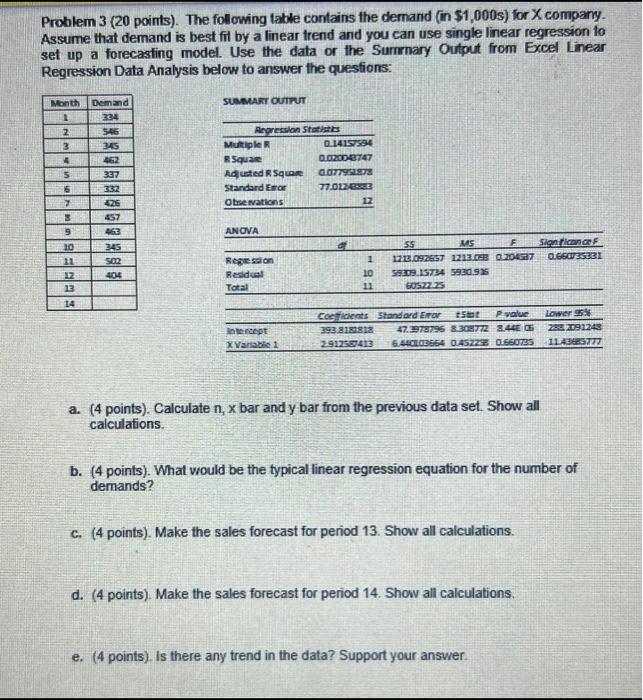 Problem 3 (20 points). The following table