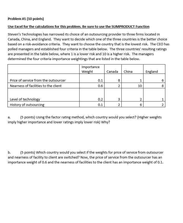 Problem #1 (10 points) Use Excel for the