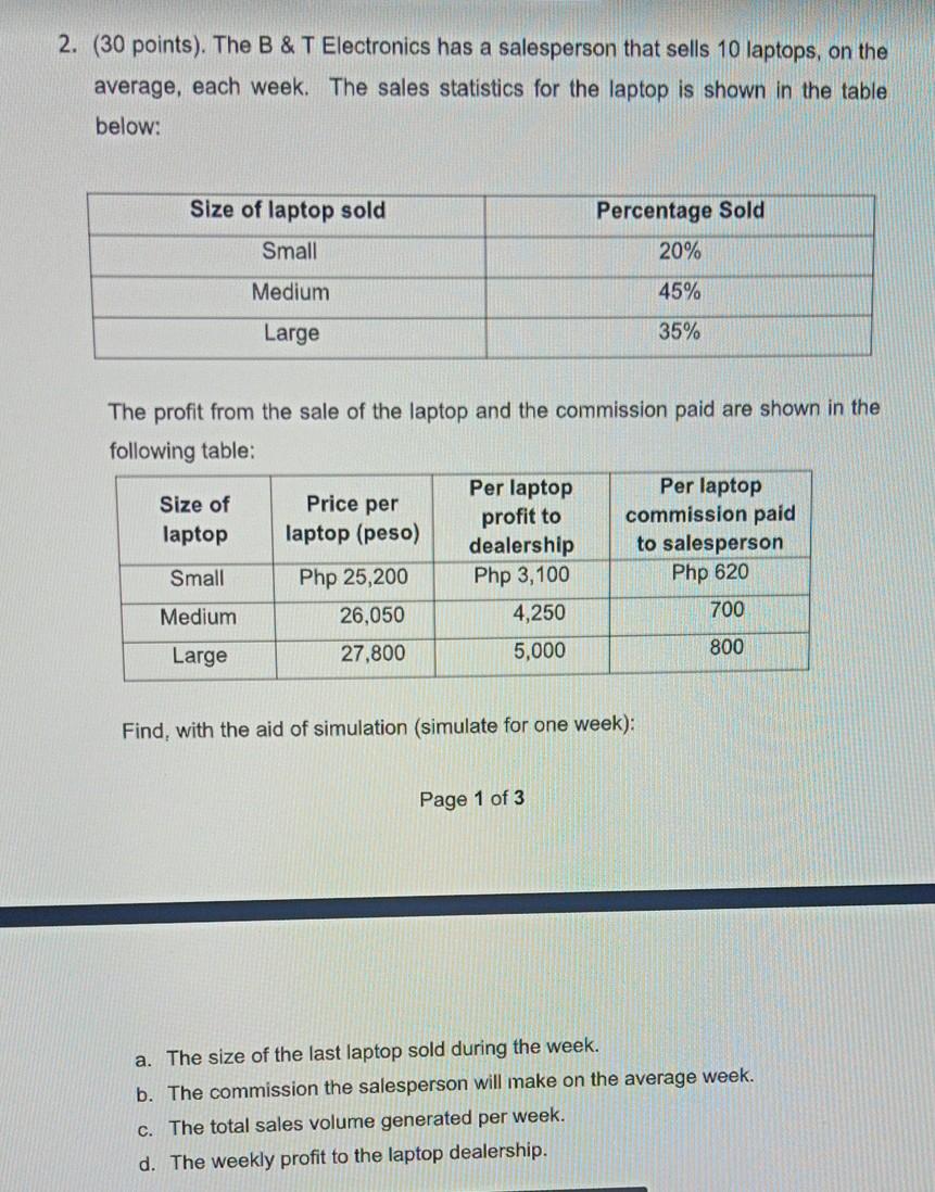 2. (30 points). The B & T Electronics has a
