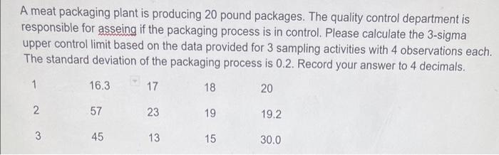 A meat packaging plant is producing 20 pound