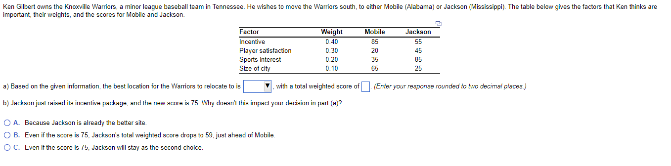 a) Based on the given information, the best