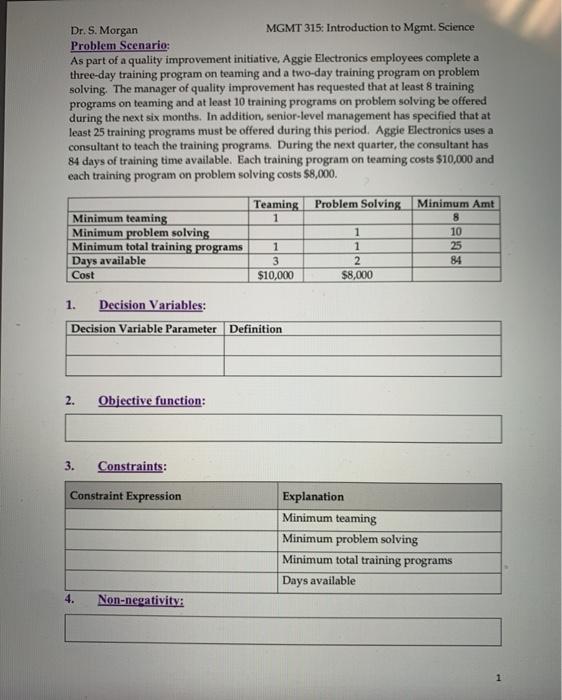 Dr. S. Morgan MGMT 315: Introduction to Mgmt.