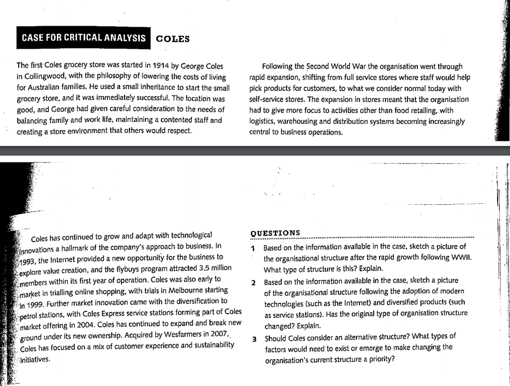 CASE FOR CRITICAL ANALYSIS COLES The first Coles