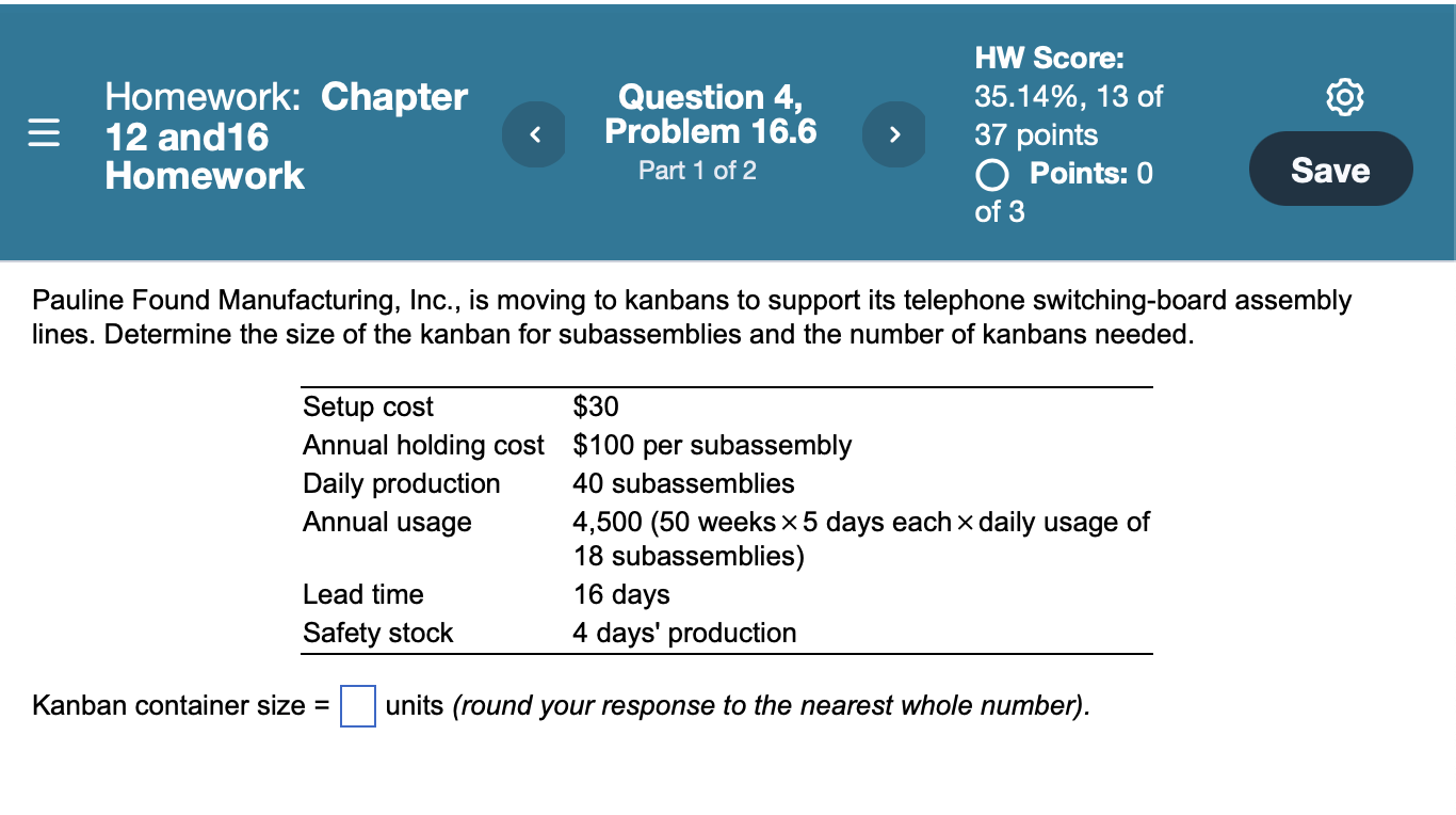 = Homework: Chapter 12 and 16 Homework < Question
