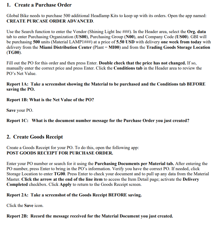 SAP 225 = ### 1. Create a Purchase Order Global