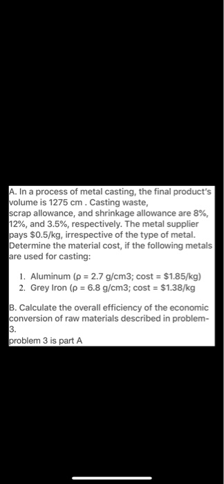 B is needed A. In a process of metal casting, the