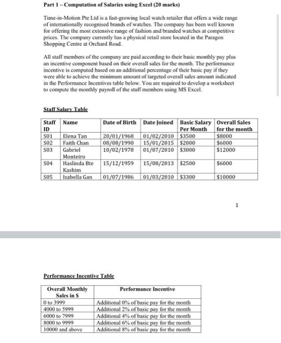 Part 1 - Computation of Salaries using Excel (20