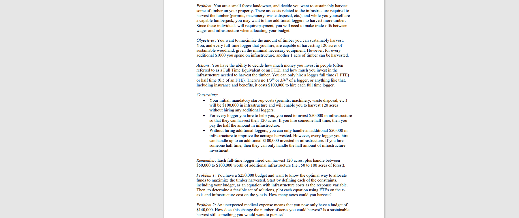 Problem: You are a small forest landowner, and