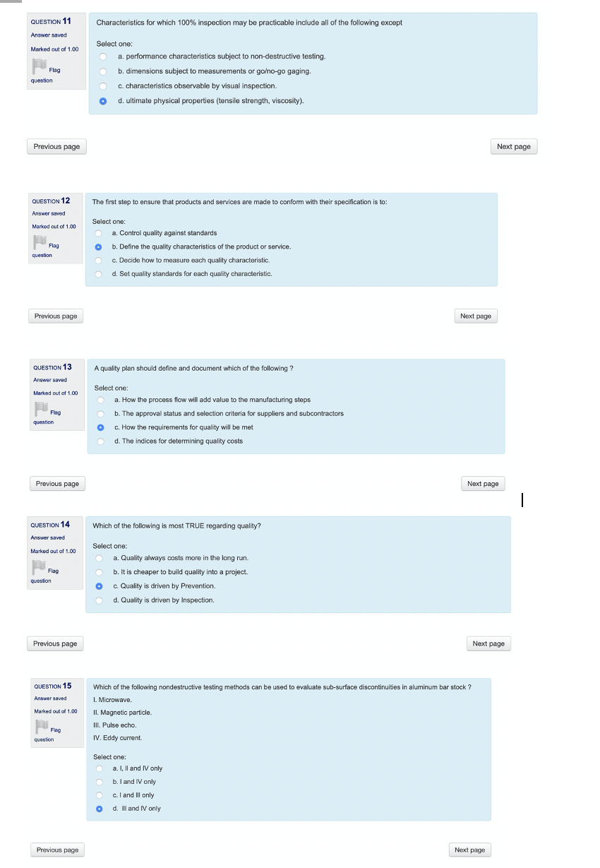 Quality Engineering QUESTION 11 Characteristics