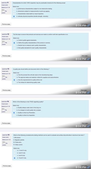 Quality Engineering QUESTION 11 Characteristics