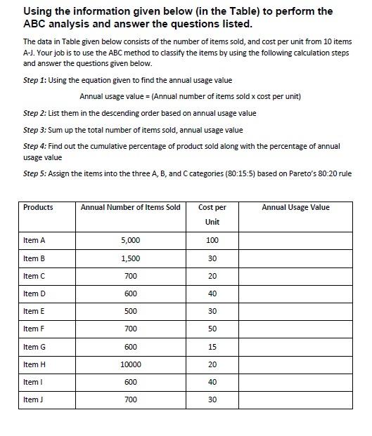 Using the information given below (in the Table)
