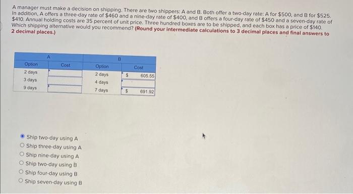 A manager must make a decision on shipping. There