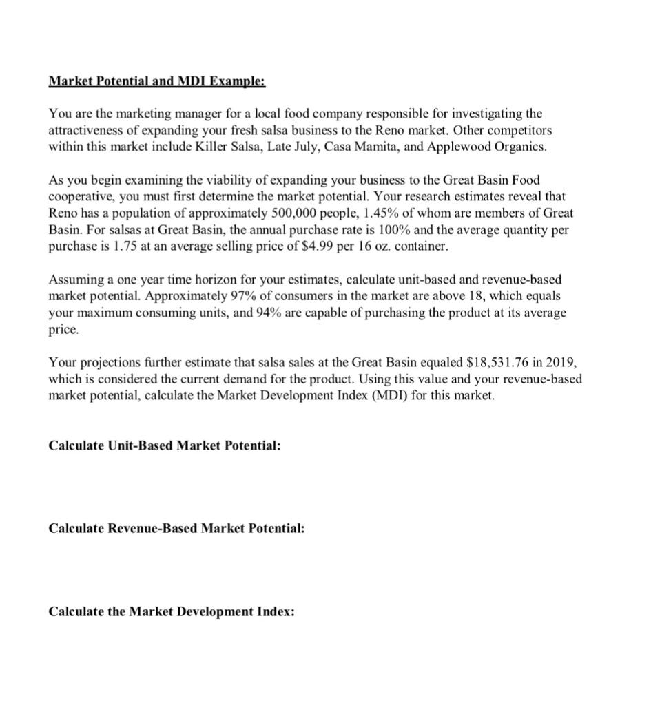 Market Potential and MDI Example: You are the