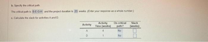 I only need help with part c. - the slack (weeks)