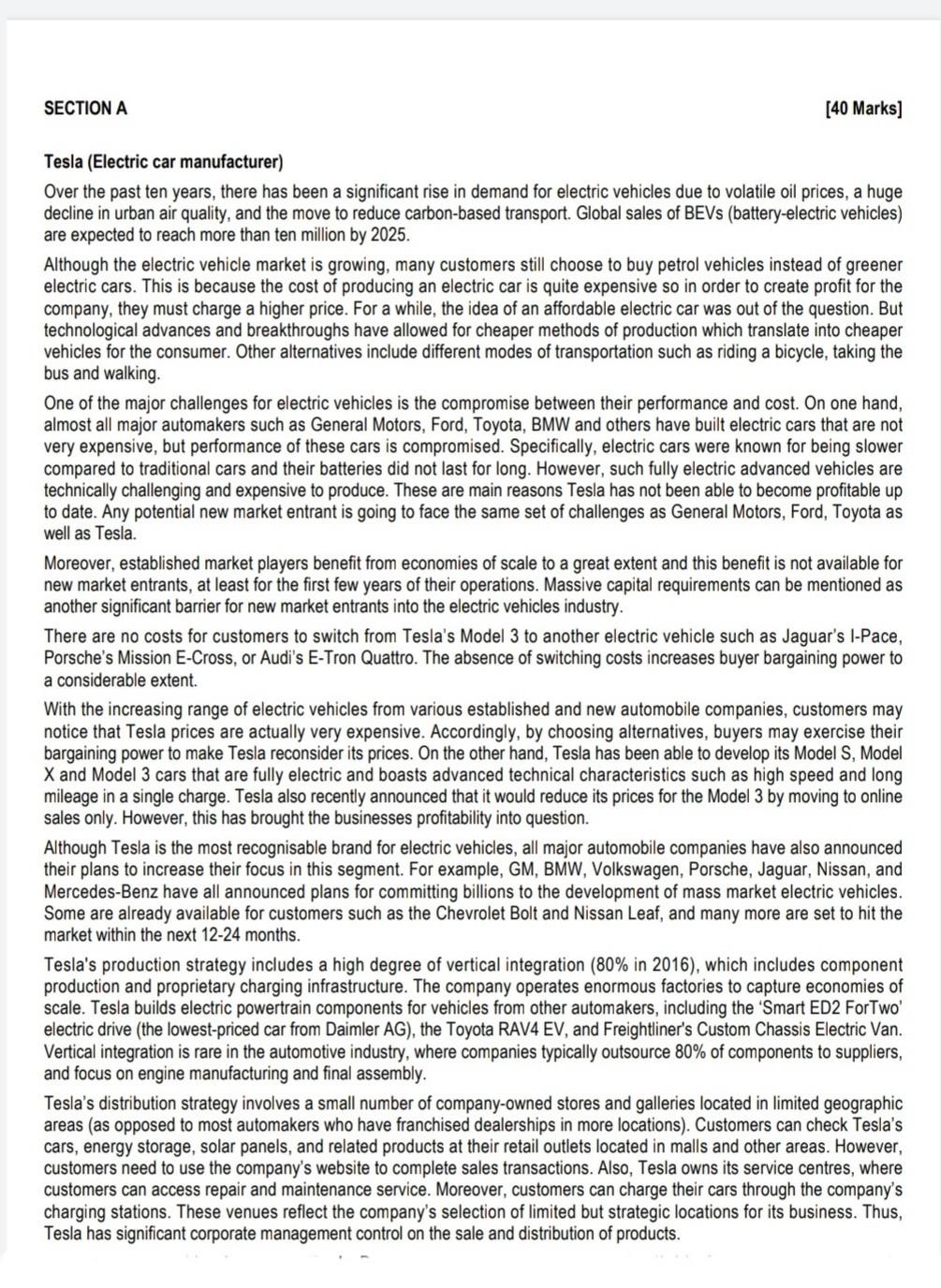 marketing 6 SECTION A [40 Marks] Tesla (Electric