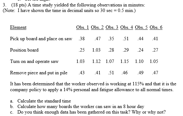 3. (18 pts) A time study yielded the following