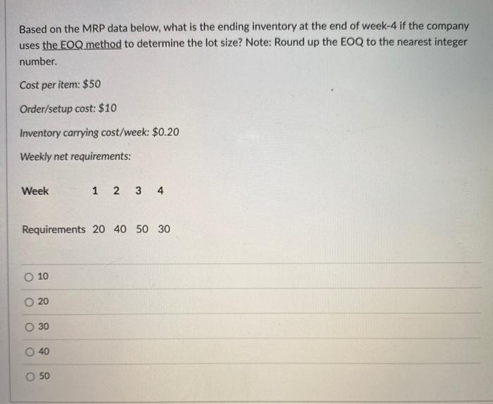 Based on the MRP data below, what is the ending