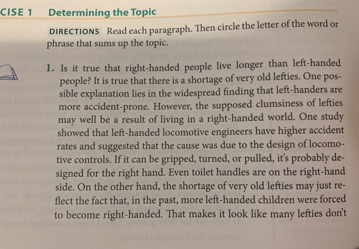 CISE 1 Determining the Topic DIRECTIONS Read each