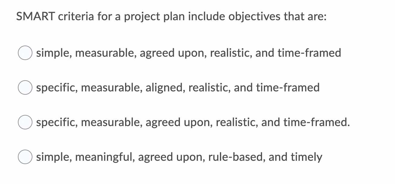 SMART criteria for a project plan include