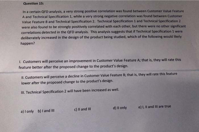 Question 15: In a certain QFD analysis, a very