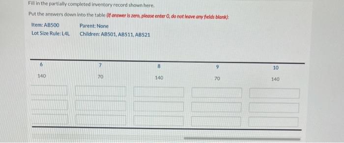 Fill in the partially completed inventory record