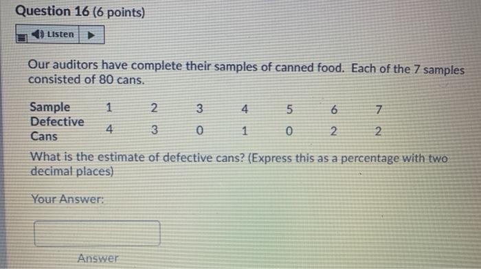 Question 16 (6 points) Listen Our auditors have