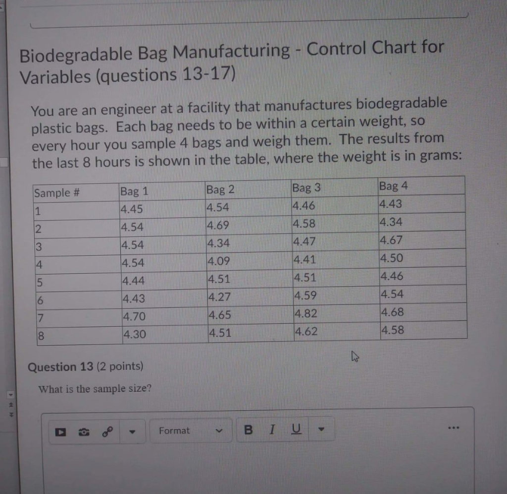 Biodegradable Bag Manufacturing - Control Chart