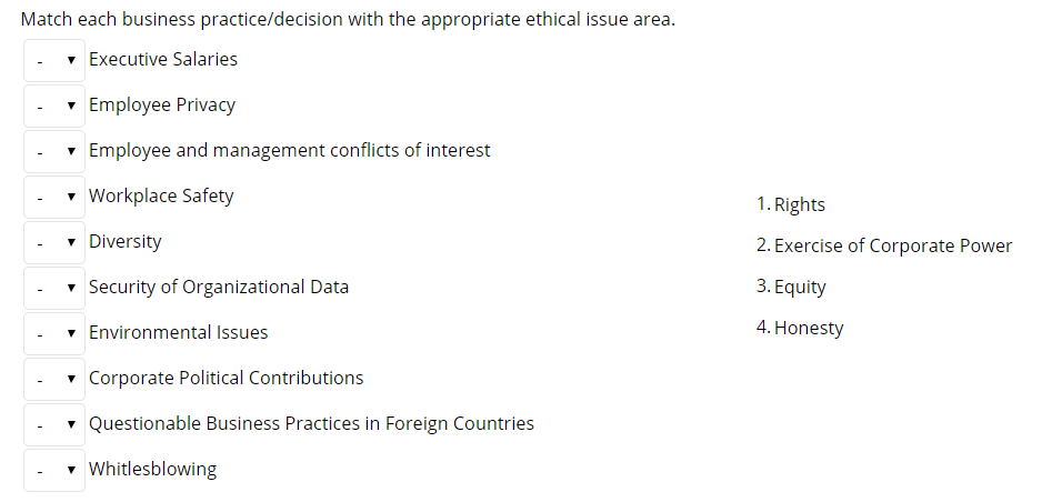 Match each business practice/decision with the