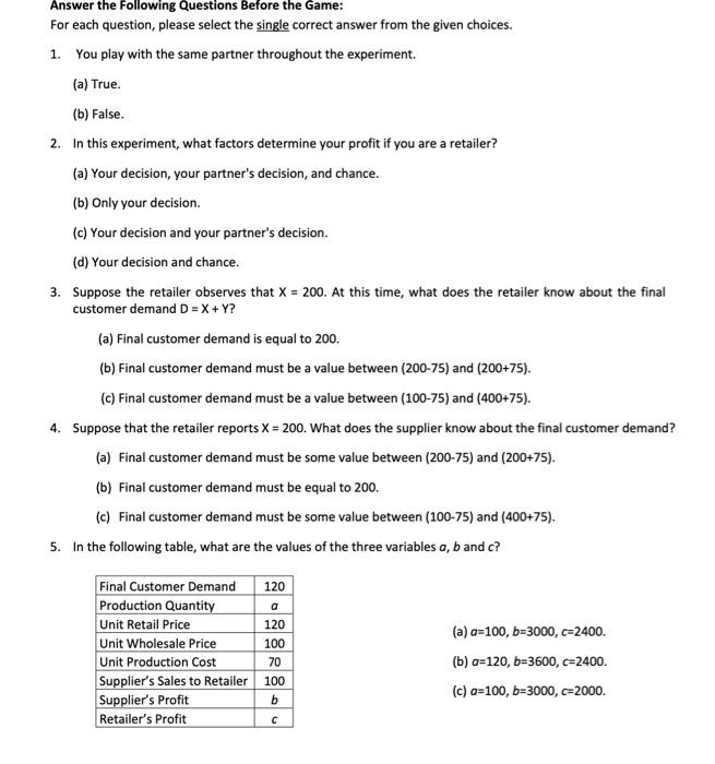 Answer the Following Questions Before the Game: