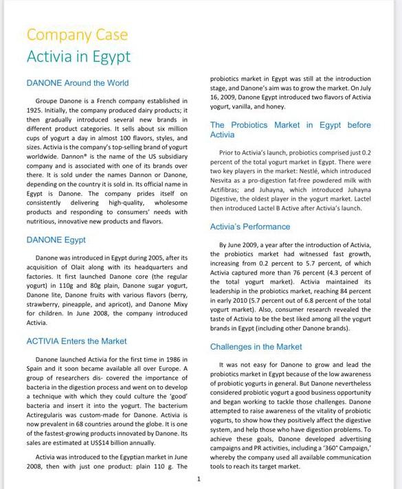 Activia in Egypt Questions for Discussion 1.