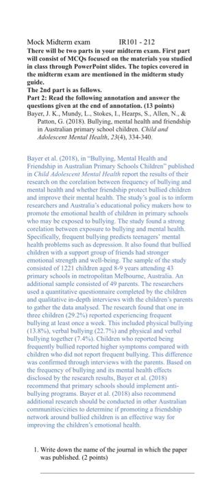 please highlight the answer Mock Midterm exam