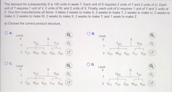 The demand for subassembly S is 100 units in week