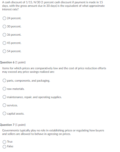 A cash discount of 1/15, N/30 (1 percent cash