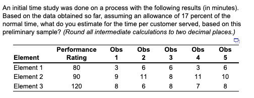 An initial time study was done on a process with
