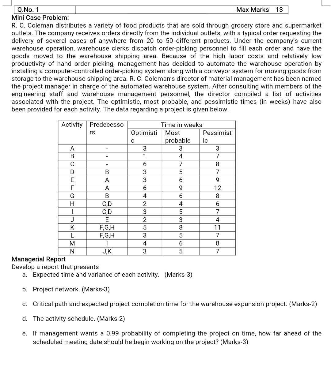 please solve this Q.No. 1 Max Marks 13 Mini Case
