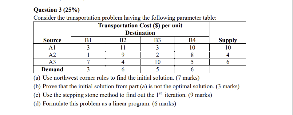 Question 3 (25%) Consider the transportation