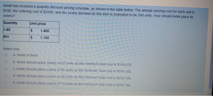 Avtek has received a quantity discount pricing