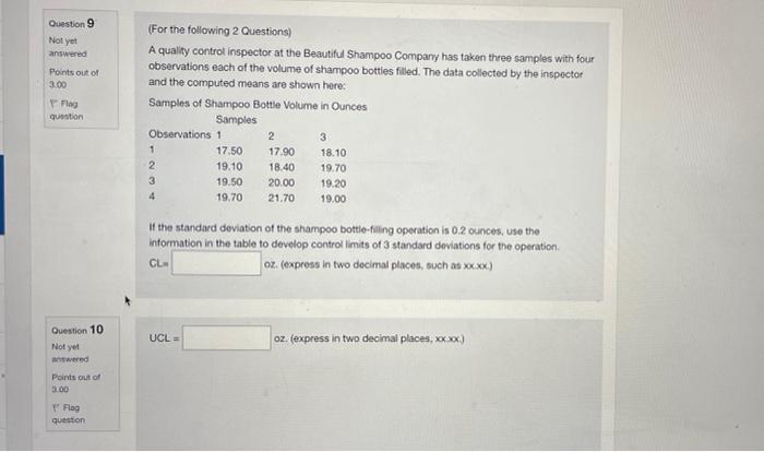 9. CL= 10. UCL= Question 9 Not yet answered